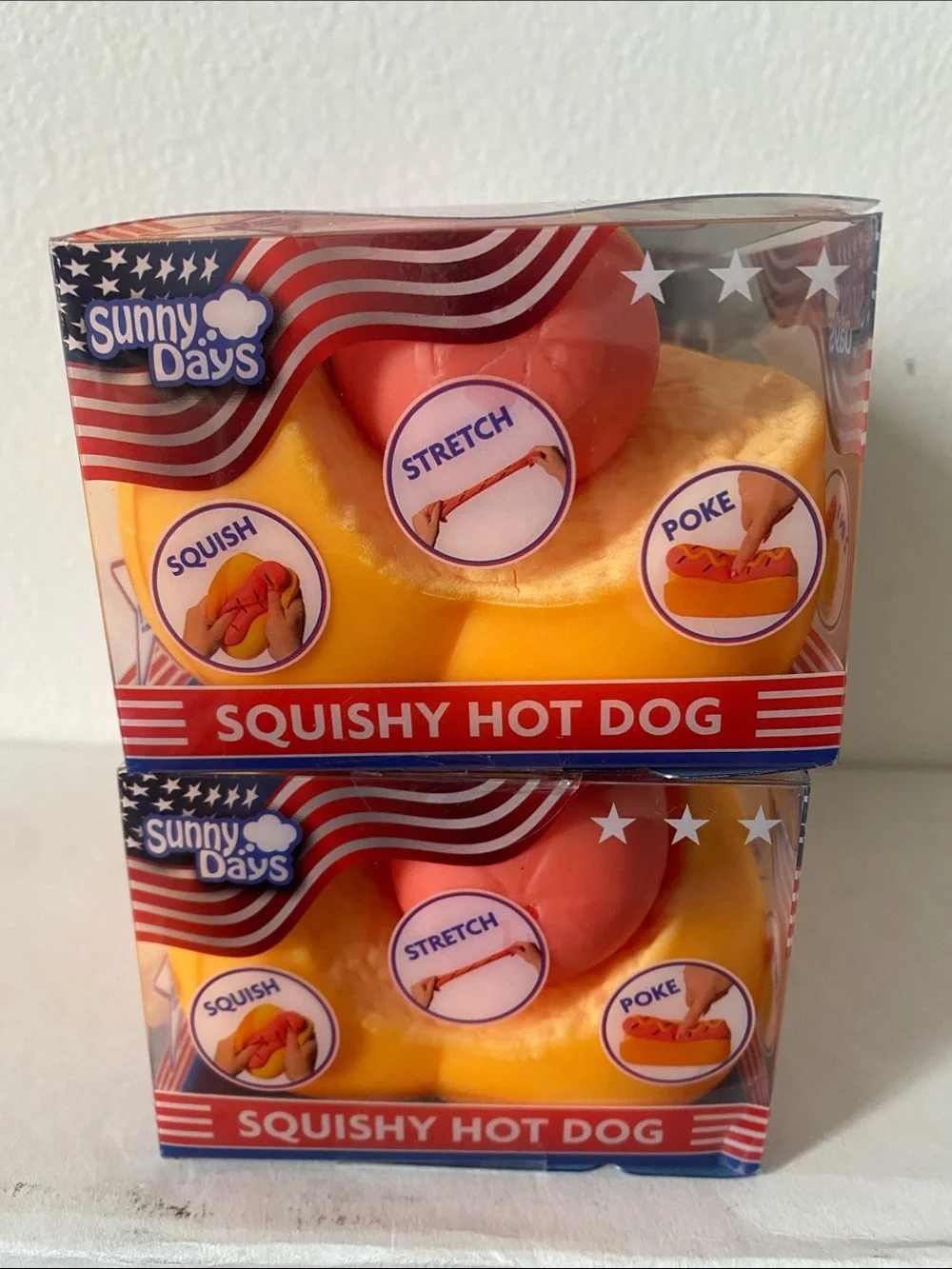 SUNNY DAYS Squishy Hot Dog Toy - Yellow & Orange brand new never open